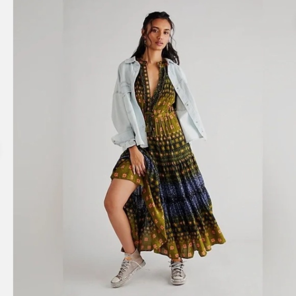 Free People Dresses & Skirts - Free People Rare Feelings Olive Green Blue Floral Boho Maxi Dress Nwt XL